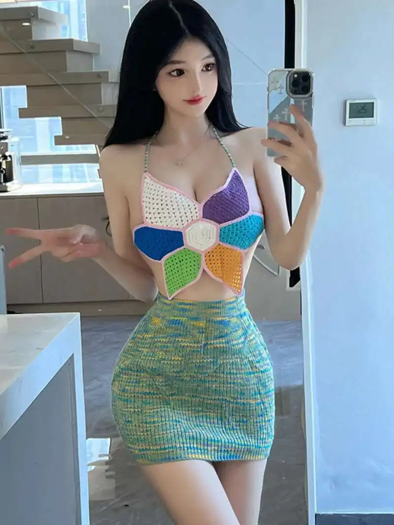 الخامس الرقبة فستان قصير الساخن مثير المرأة الكورية عارية الذراعين سترة مثير المرأة موحدة إغراء فستان أنيق الحلو زهرة تانك القمم 4PVP #1