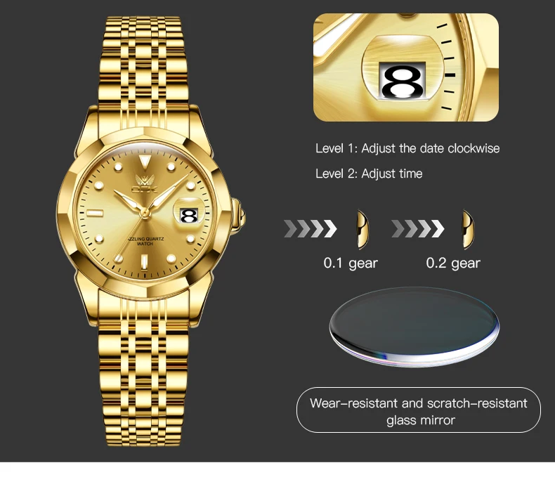 OPK Brand Gold Women's Watches Solid Stainless steel Strap Waterproof Fashion Casual Watch 8170