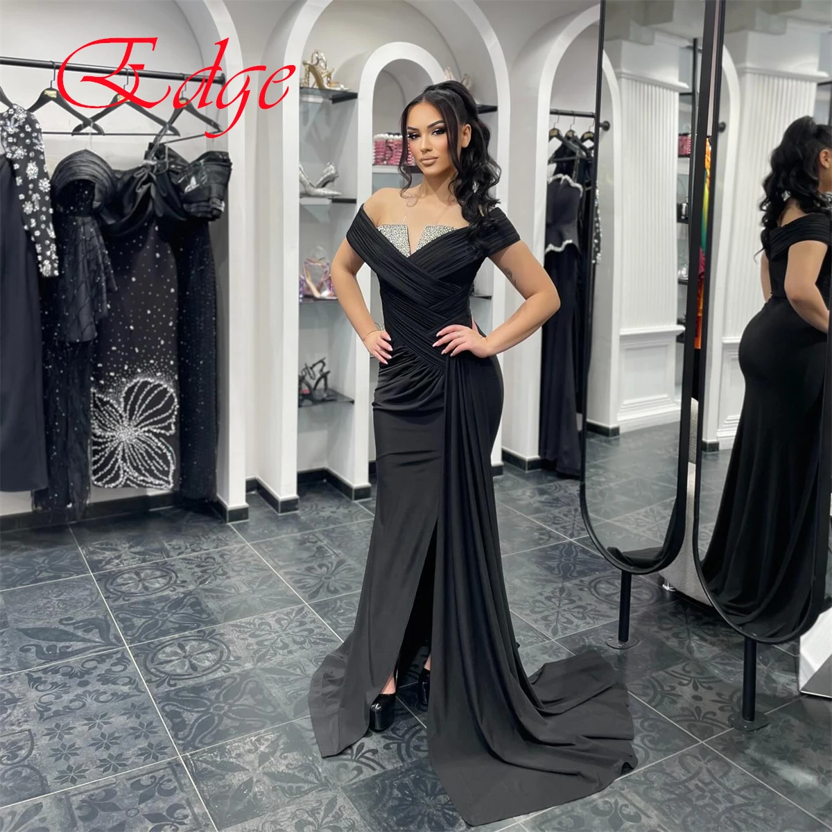 

Customized Exquisite Black Jersey Evening Dress Sexy V-Neck Mermaid Front Slit Off the Shoulder Crystal Special Occasion Gowns