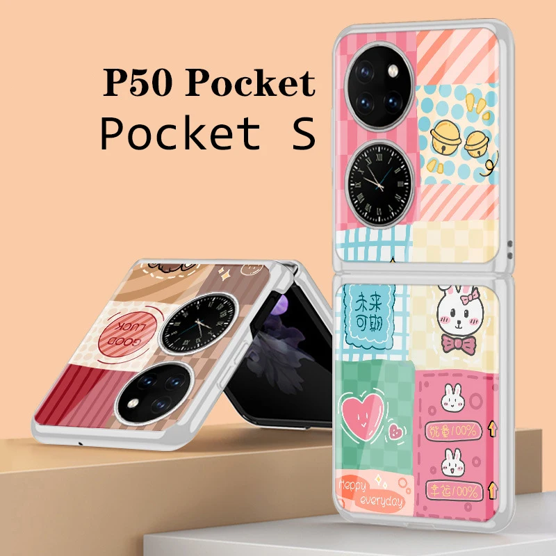 Case For Huawei Pocket S P50 Pocket Cartoon Bear Rabbit Lattice Mosaic Glass Hard Mobile Phone Case Cover