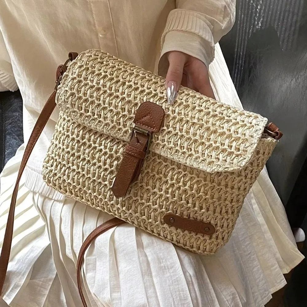 

Повседневная плетеная сумка через плечо ручной работы, однотонная, с регулируемым ремнем, универсальная и стильная женская сумка для девушек