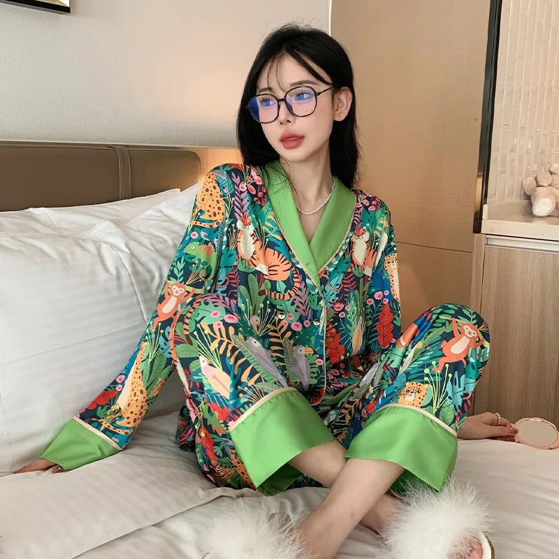 Spring and Summer Underwear Ice Silk Pajamas Women's New loose Long-sleeved Trousers Sweet Loungewear Set Can Be Worn Outside