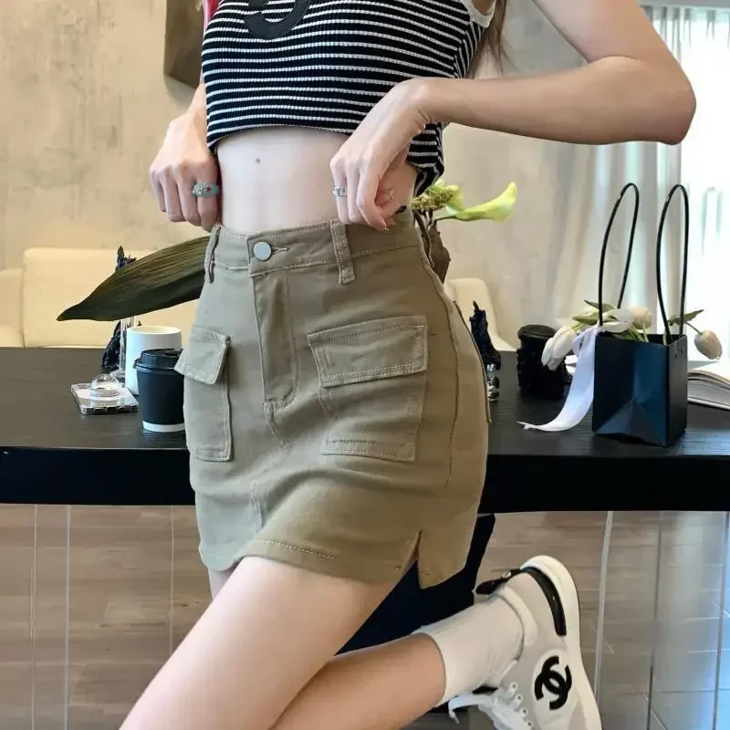 

Khaki Denim Cargo Mini Skirt Women 2023 Summer High Waist Bag Hip Skirts Female Sexy Skinny Pocket Anti-Glare Short Skirts 2025