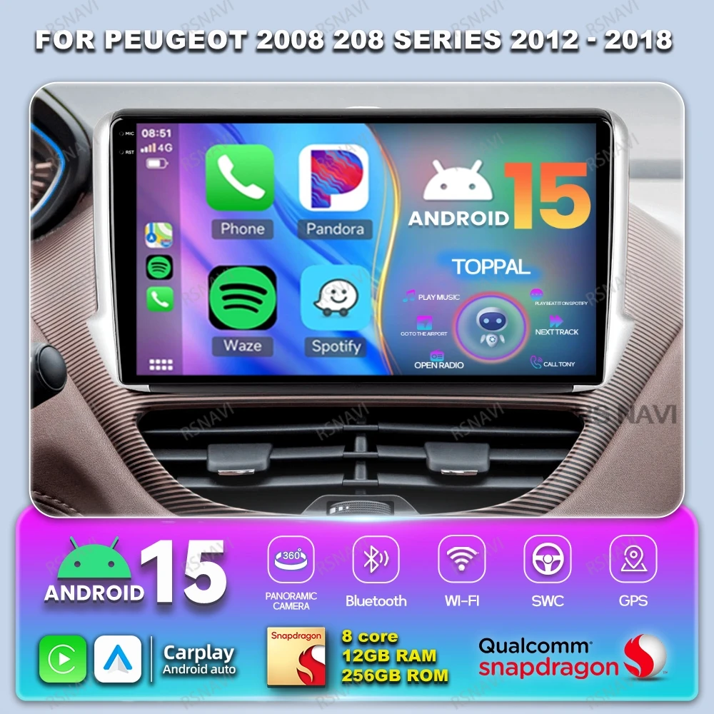 

Автомобильный радиоприемник Android 15 для Peugeot 2008 208 серии 2012-2018 Viedo Player Wireless Carplay Auto QLED DVD Мультимедиа Qualcomm BT