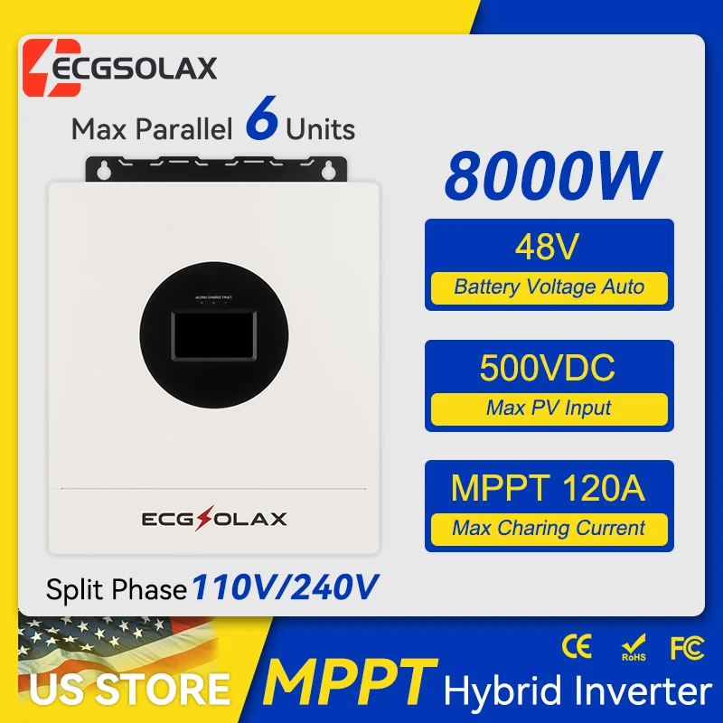 ECGSOLAX 8KW Hybrid Solar Inverter 48V 110V 240V Split Phase Pure Sine Wave Inverter With MPPT 120A Solar Charger Max PV 500VDC