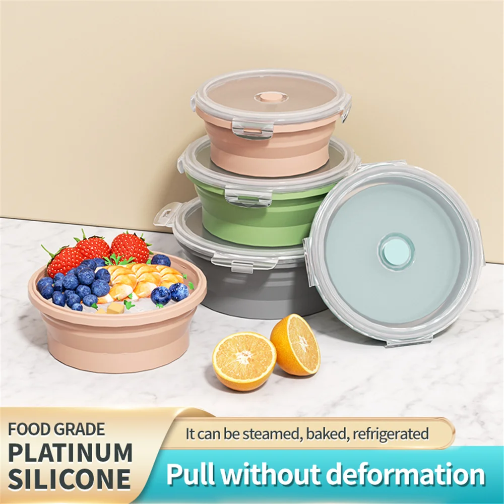 Round Silicone Folding Lunch Box Microwave Folding Bowl Portable Folding Food Container Box Salad Bowl With Lid