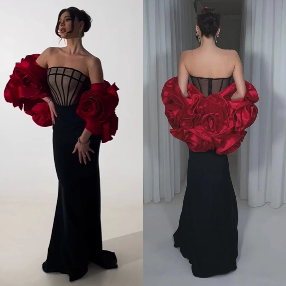 Prom Satin Blume formelle Abend trompete schulter frei maßge schneiderte Anlass Kleid lange Kleider