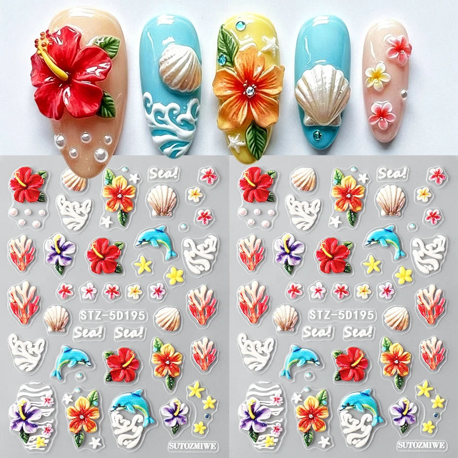 1/2pcs Seashell Hibiscus Flower Nail Sticker Embossed Hawaiian Floral Petal Tropical Beach Ocean Dolphin Coral Pearl Nail Decor