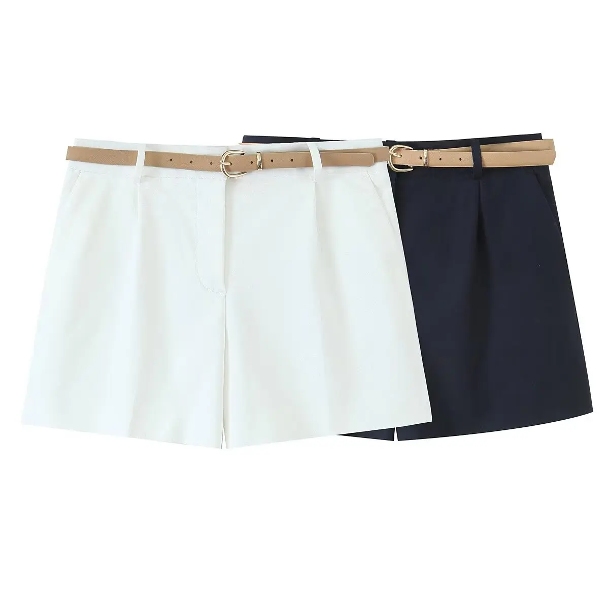 

ZBZA Women Pleated Mini Shorts with Belt High Waisted Double Pocket Button Zip Solid Casual Shorts Spring Summer New Chic Shorts