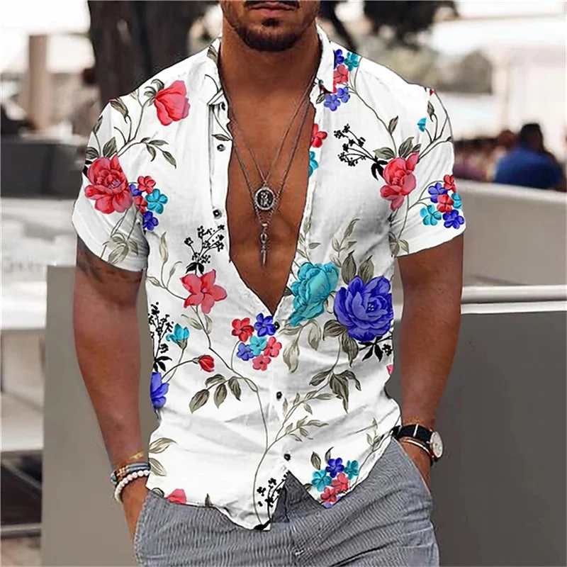 Camisa floral de lapela masculina de botão manga curta, camisa casual verão, presente férias de praia, tudo