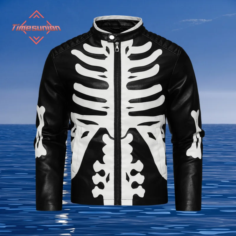 

Autumn Leather Jacket Men Halloween Human Bone-shaped PU Leather Jacket Biker Motorcycle Mens Skeleton Party Design Jacket