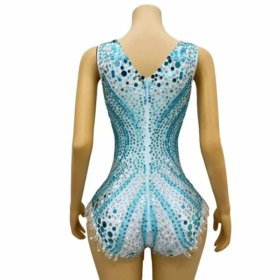 Sexy Shining Perform Costume Luxury Rhinestones Sequins Crystal Pendants Leotard Party Dancer Singer Stage Photoshoot Bodysuit