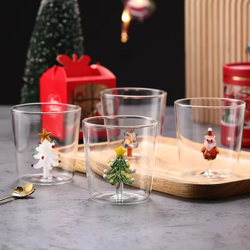 YWDL 1/2/4PCS 3D Patterns Christmas Glass Cup Coffee Wine Mug Xmas Glass Cups For Home Decoration Christmas Gift 300ml