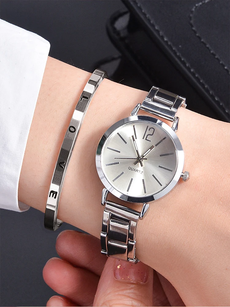 2pcs Women\'s Fashion Simple Silver Steel Band Quartz Watch+LOVE Bracelet Set