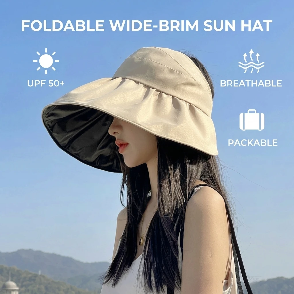 Women Sunhat 15cm Wide Brim UV Protection Black Glue Hollow Top Foldable Sun Hat for Beach Hiking Outdoor Activities