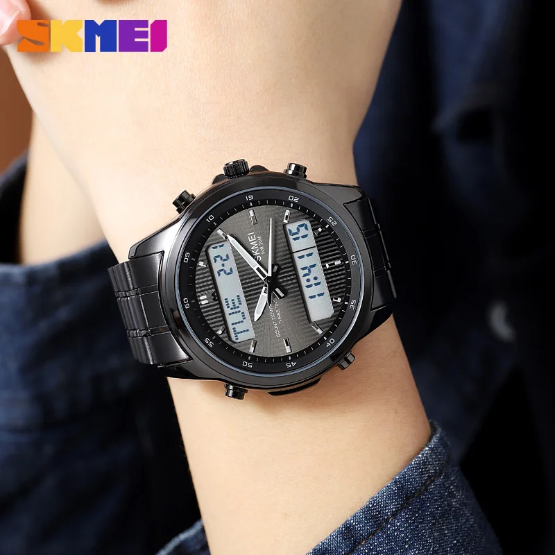 SKMEI 2049 Sport Quartz Digital Business Watches Stainless Steel Wristwatch Men's Waterproof LED Electronic Relogio Masculino image 5
