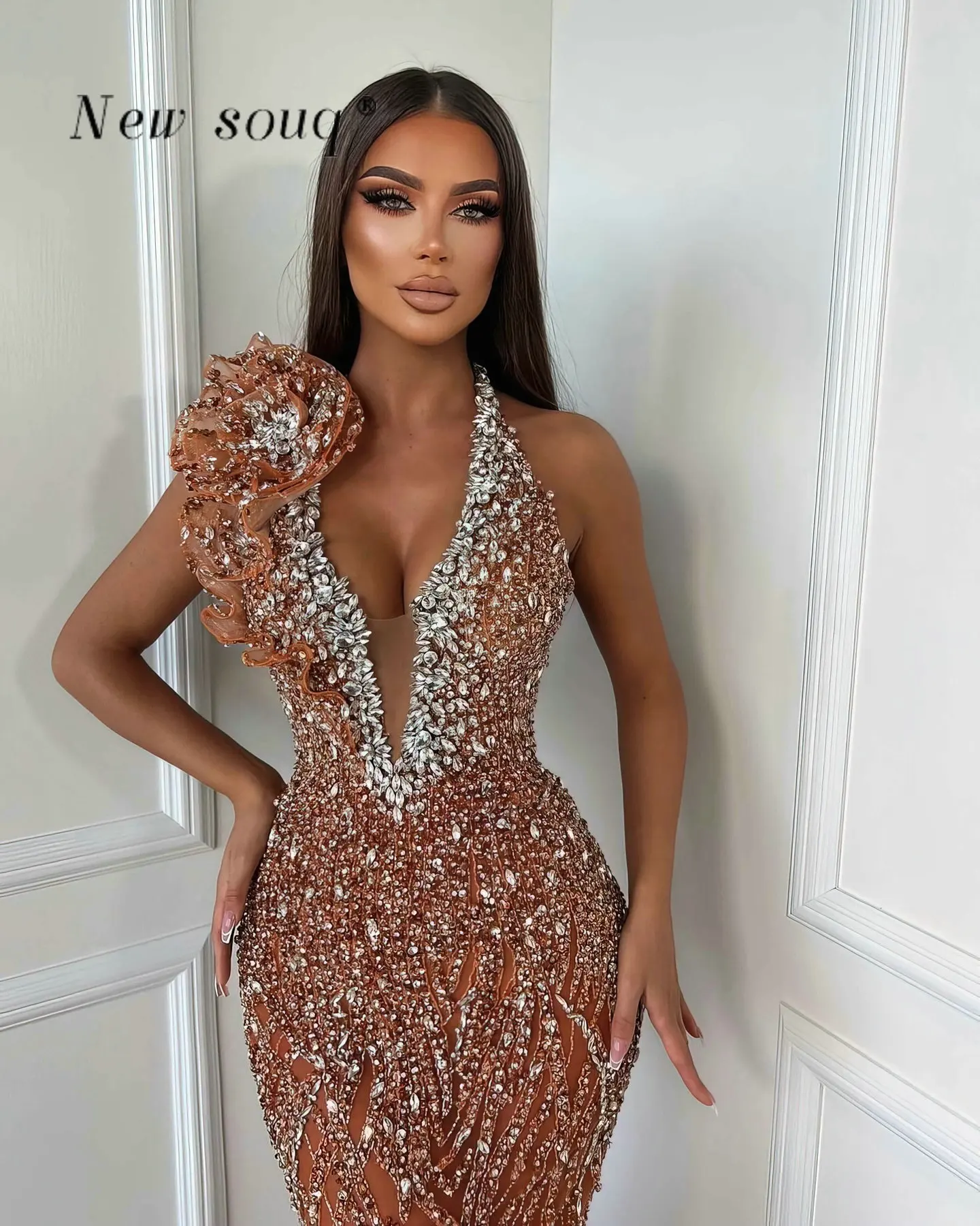 Orange Sexy Halter Deep V Neck Mermaid Evening Dresses Crystals Long Sequins Prom Gowns Customize Wedding Party Vestidos