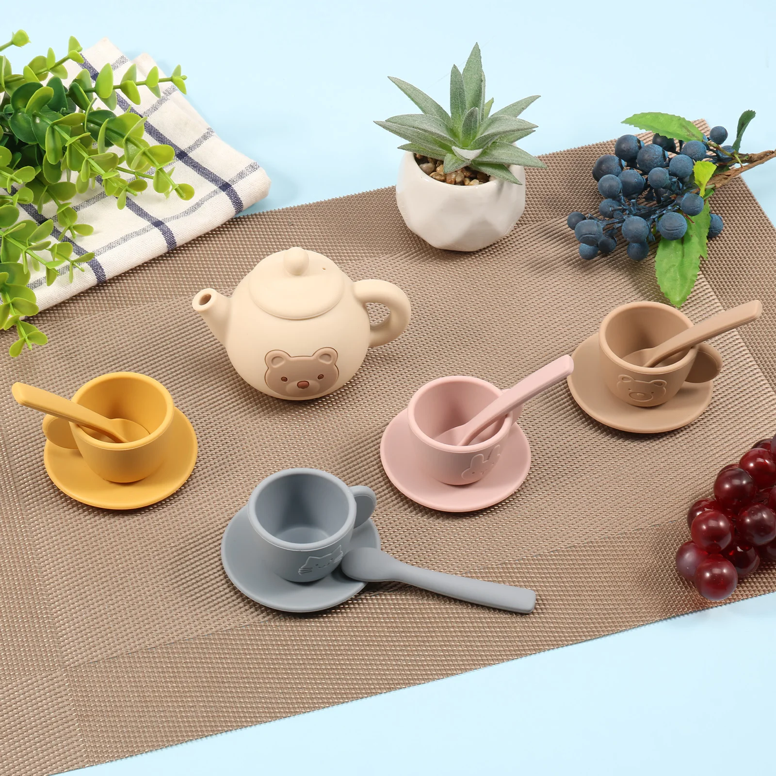 14個入りシリコン製アフタヌーンティーセットおもちゃキッチンアクセサリーティーパーティーフードプレイ早期教育玩具幼児女の子男の子子供向け