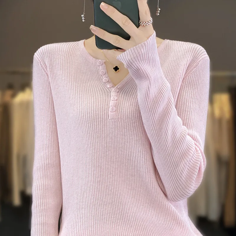 2024 New Spring and Autumn V-Neck Color matching Cashmere Sweater Women Long Sleeve Pullover Solid Color Base