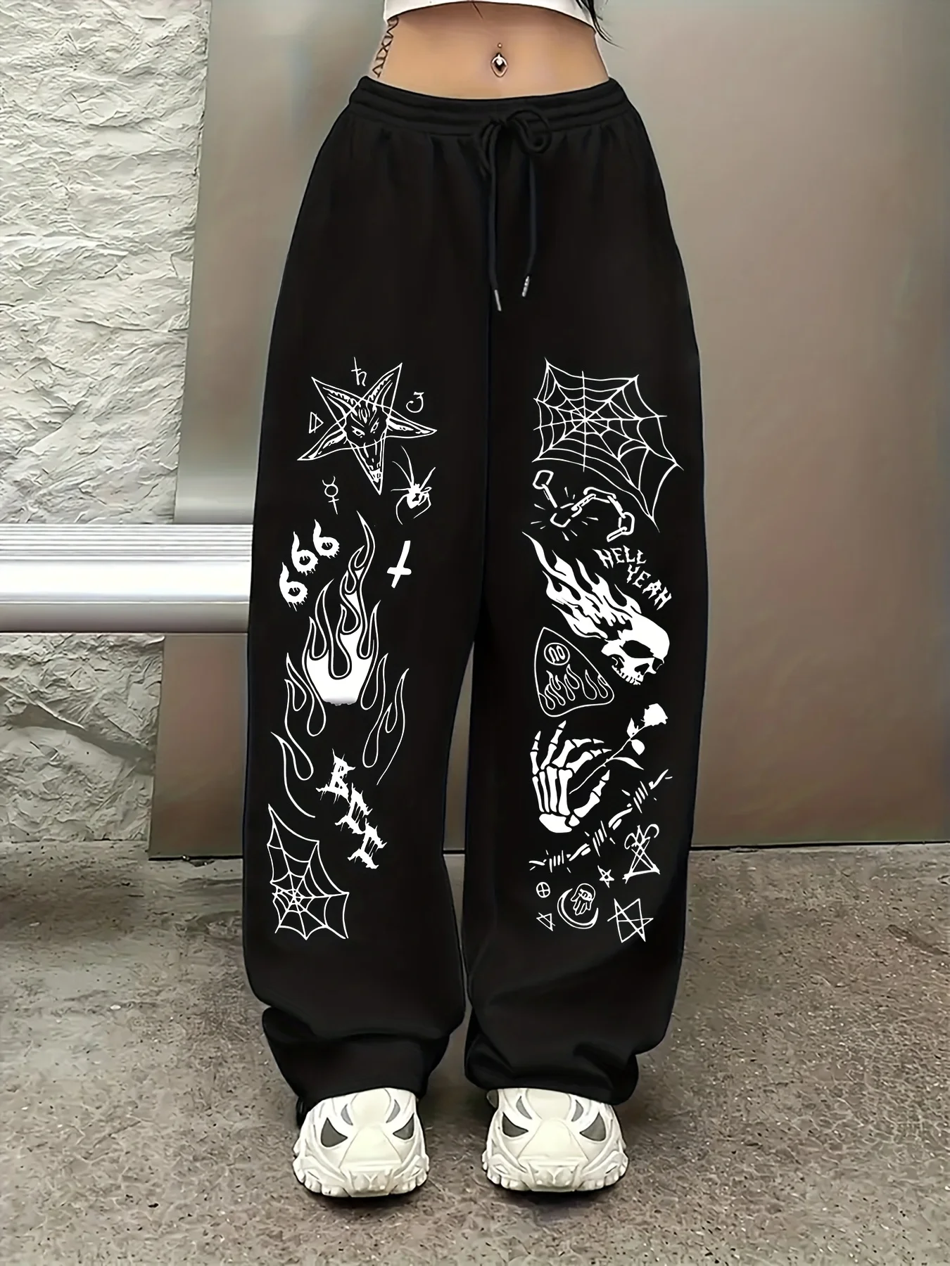 Ladies' casual jogging pants with Gothic style skull flame pattern print, casual sports straight leg pants