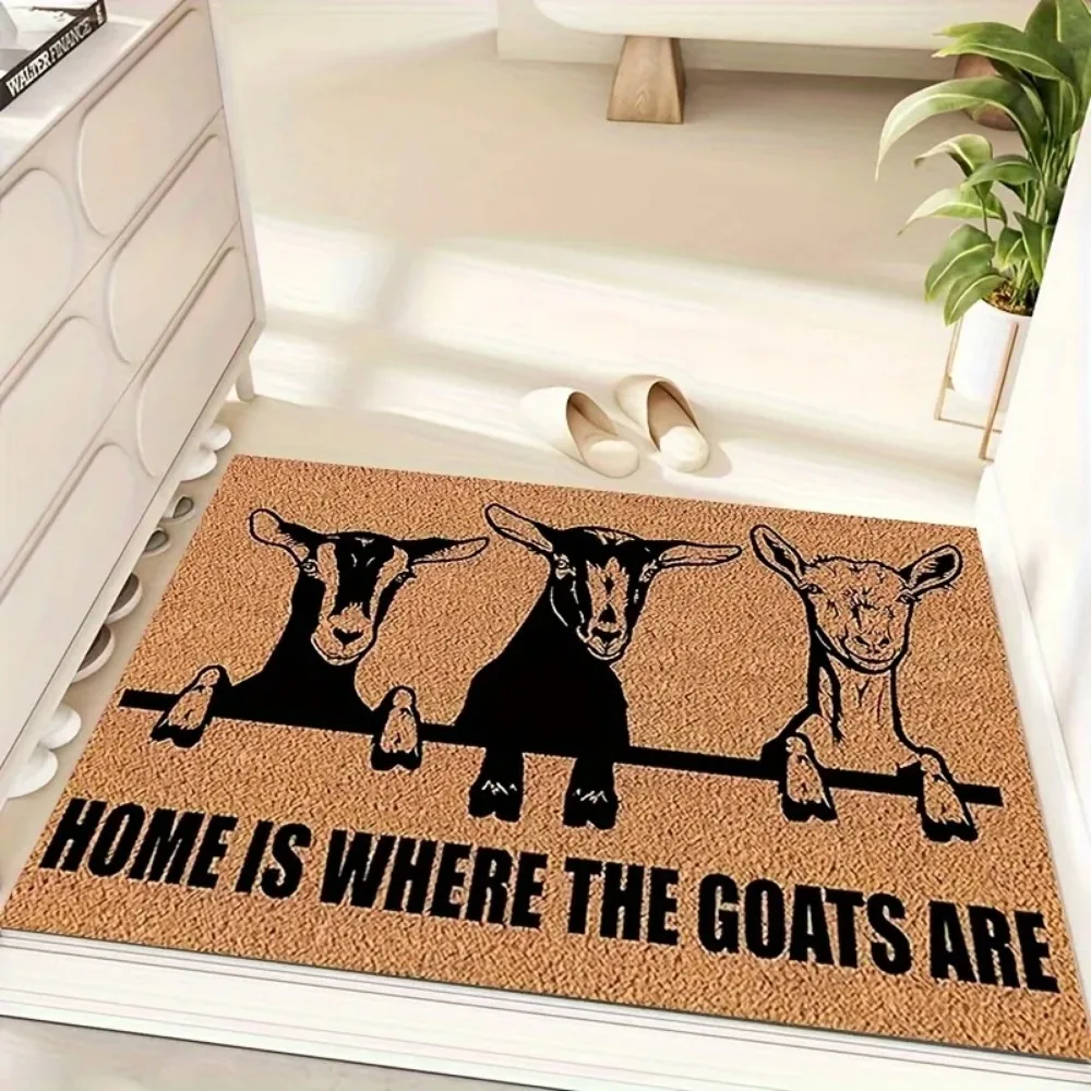 Home Is Where The Goats Are Welcome Doormat 2D Flat Print Non-Slip Floor Mat Goat Sheep Animal Design Indoor Outdoor Rug