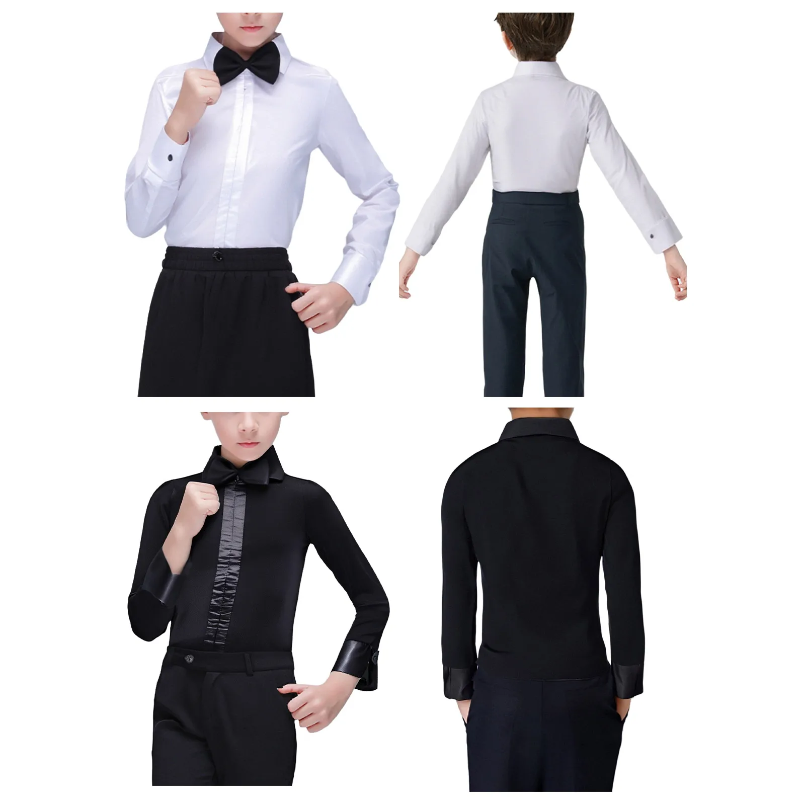 Kids Boys Latin Dance Outfit Turn-Down Collar Long Sleeve Leotard with Bow Tie for Salsa Performance Competition Examination