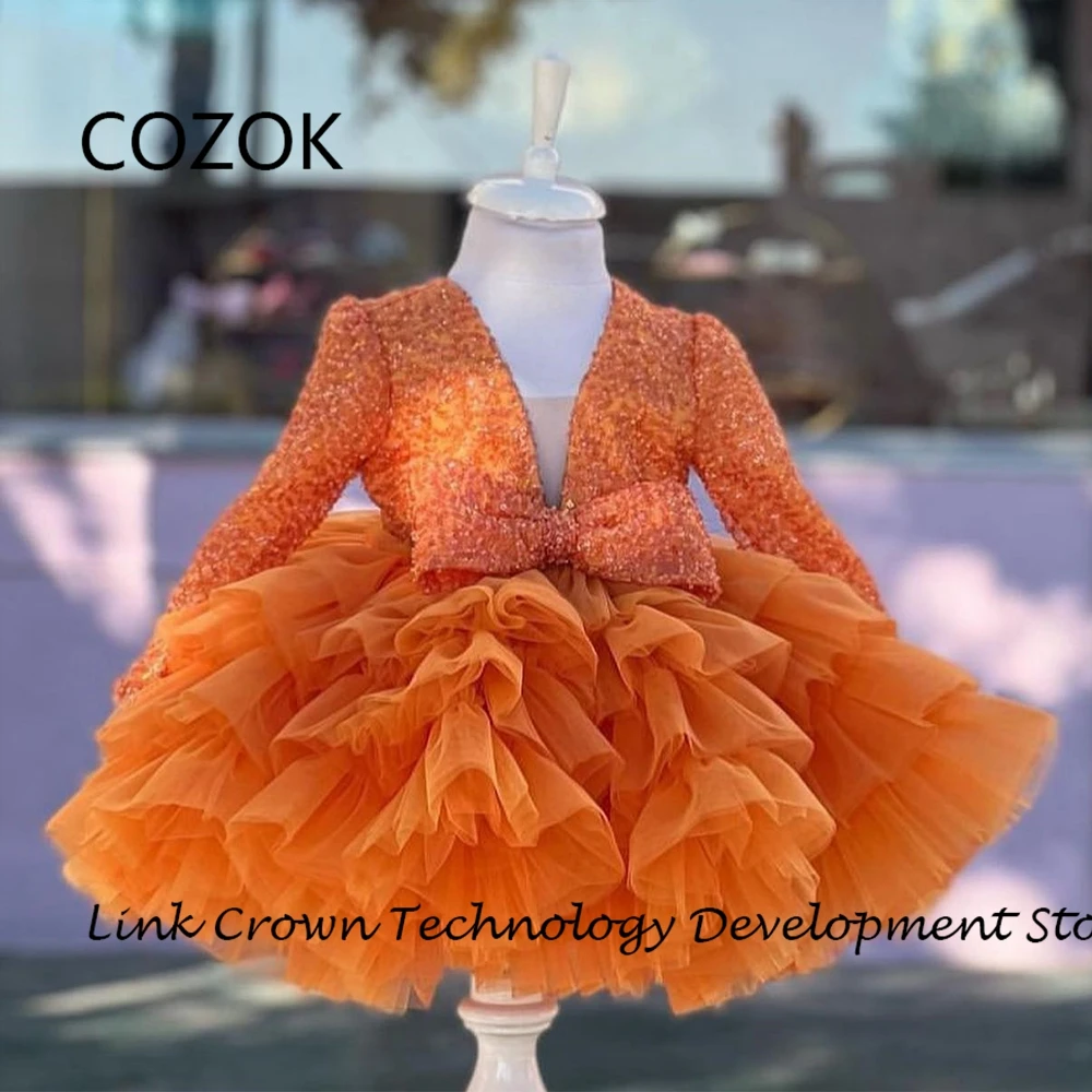 COZOK Simple V Neck Flower Girls Dresses with Sequined A Line Full Sleeve Christmas Dresses 2024 Summer Sequined فستان عيد الميل