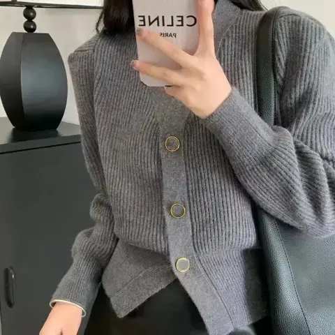 달콤한 한국 스타일 넥 버블 슬리브 짧은 셔츠 - 여름 통근 패션 새 도착 9 한국 뜨게 짧은 카디건 긴팔 V넥 단색 패션 스웨터, 우아한 여성 의류, 용수철 가을 신상