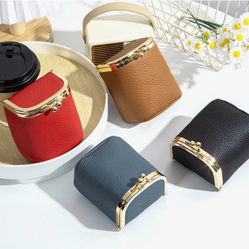 Women Genuine Leather Kiss Lock Mini Wallet Litchi Grain Vertical Square Pouch for Cards Rings Lipstick Lady Mini Storage Wallet