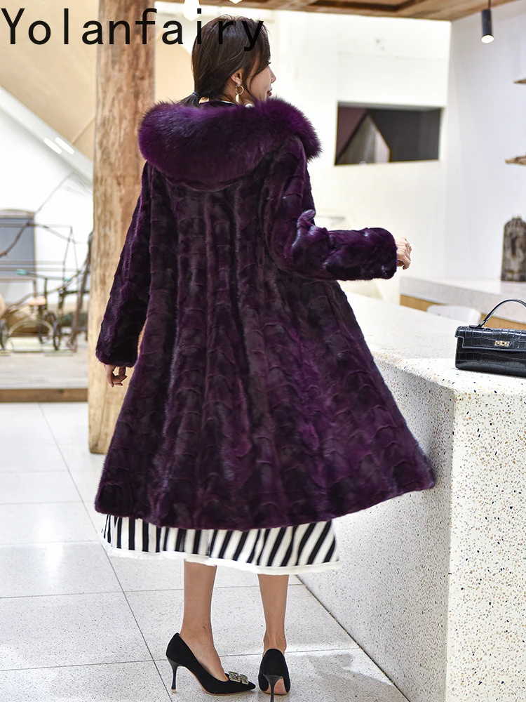 YOLANFAIRY High Quality Splicing Mink Real Fur Coat Woman Winter 2025 Mid-long Hooded Fur Jacket Mink Black Fur Coats Fox Collar