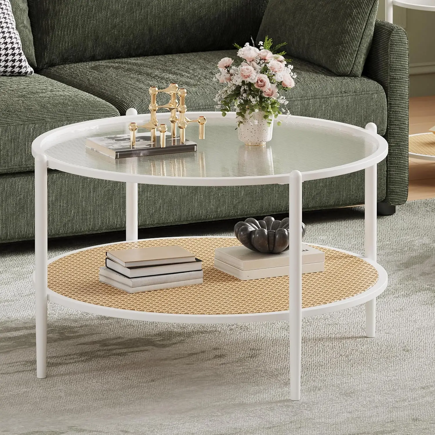 Modern Boho 2-Tier Round Coffee Table, Rattan & Tempered Glass Top with Sturdy Metal Frame, 30 Inch Stylish Center Table for Liv