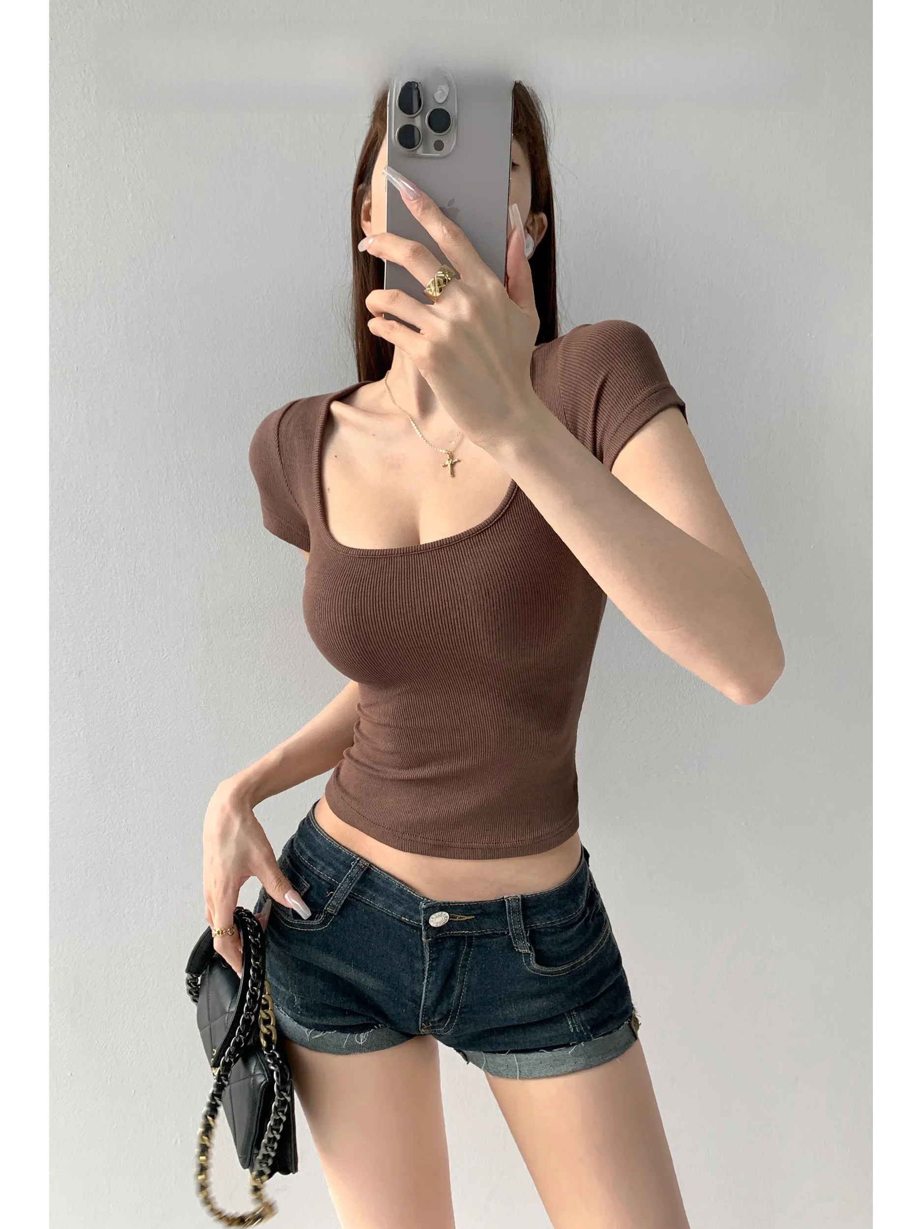 Slim Fit Short Sleeve round Neck T-Shirt Women's Summer Street Style Elastic Base Shirt Cover up Meat Sexy Waist Tightening