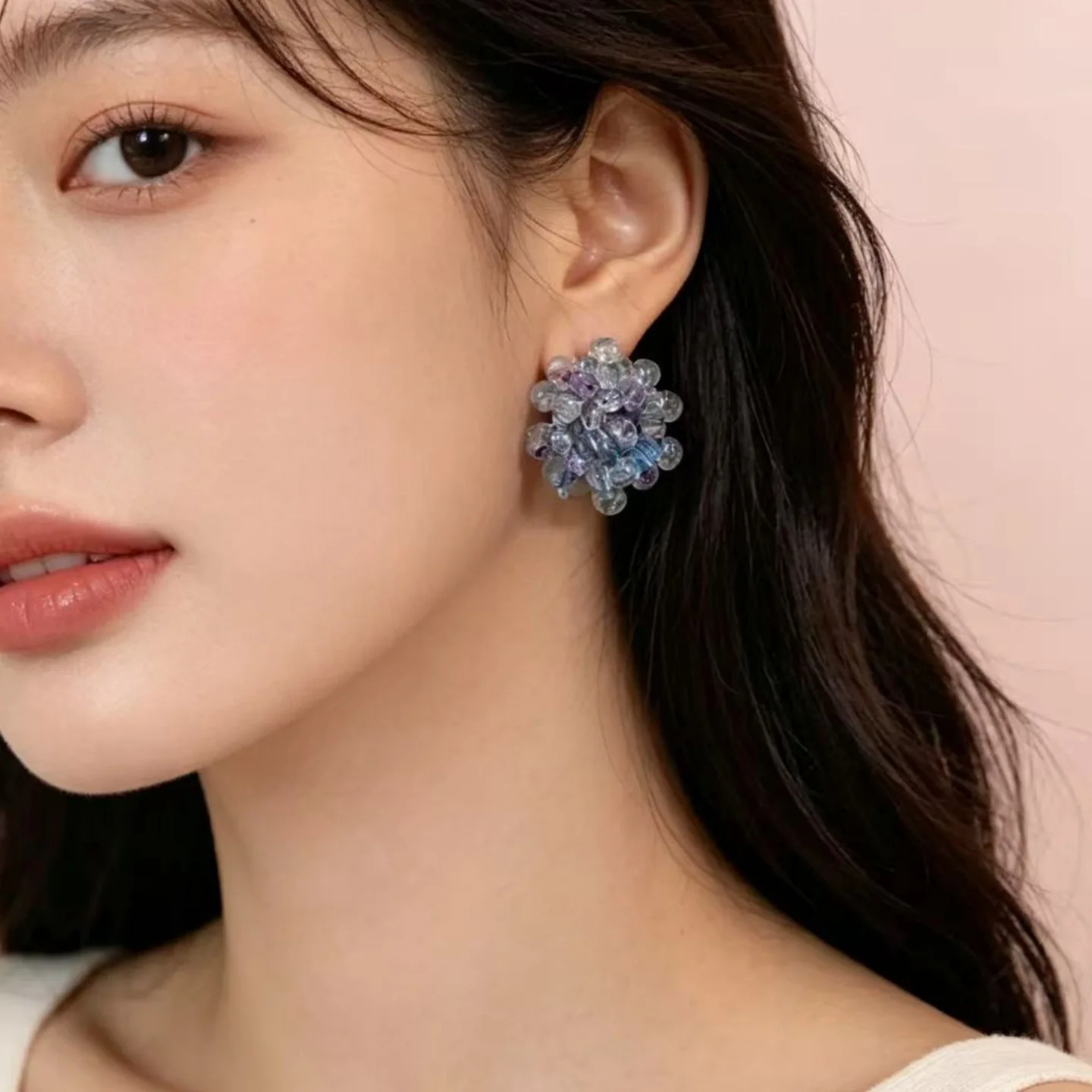Summer crystal earrings clear blue-purple beaded earrings niche gentle atmosphere dream stud earrings women