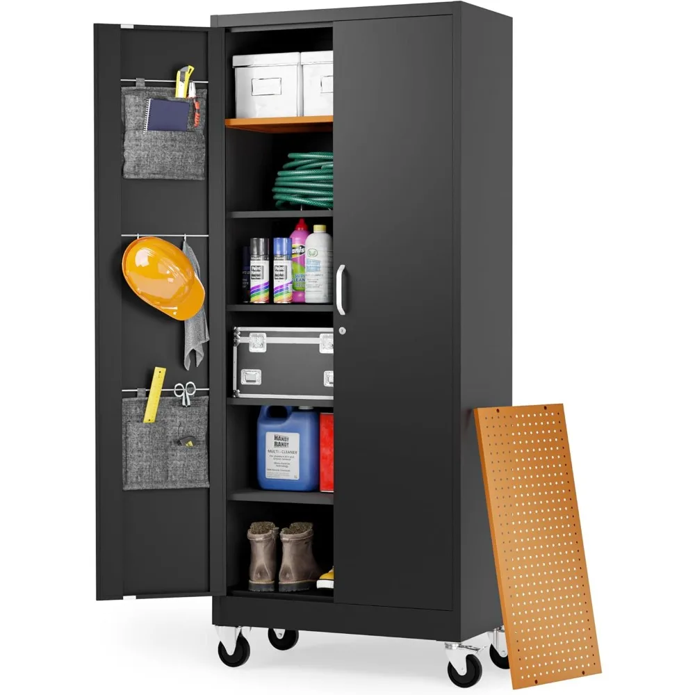

Extra-Spacious Metal Storage Cabinet with Wheels | Rolling Locking Garage Storage Cabinet with Doors, Pegboard and Powder-Coated