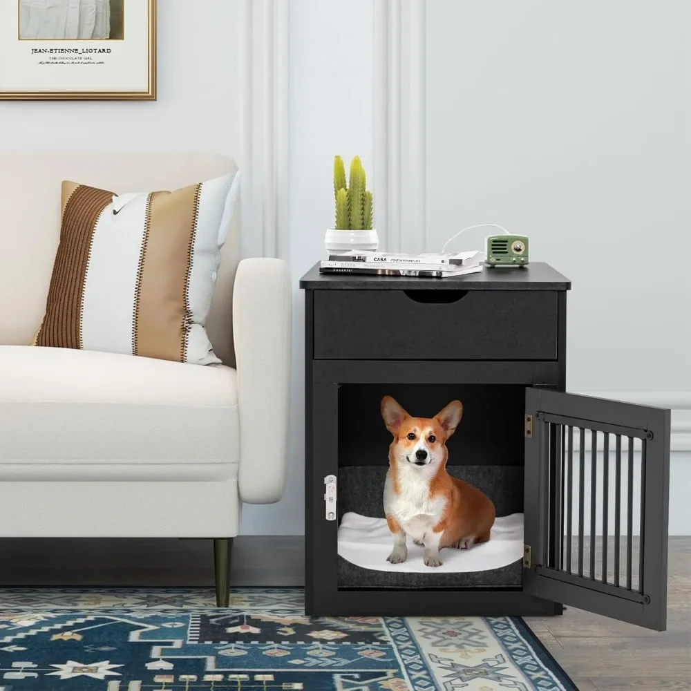 Furniture Style Dog Crate, Decorative Dog Kennel End Table with USB & Wireless Charging Station, Storage Drawer, Indoor