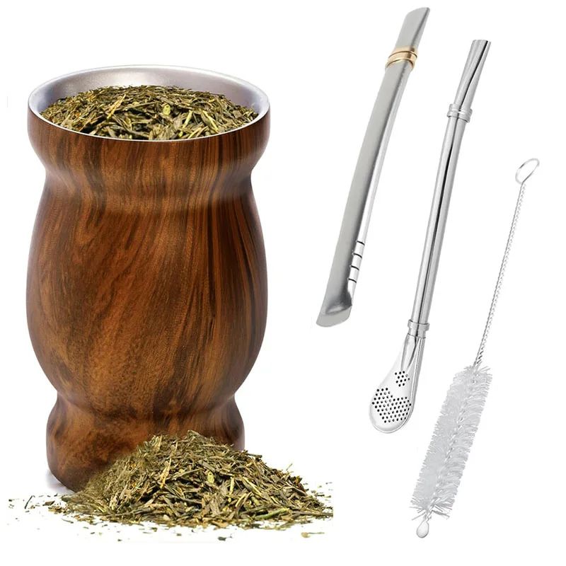 8oz Yerba Mate Cup Set Double Wall 304 Stainless Steel Mate Gourd Heat Insulated Mug with 2 Straws and Cleaning Brush for Drinks