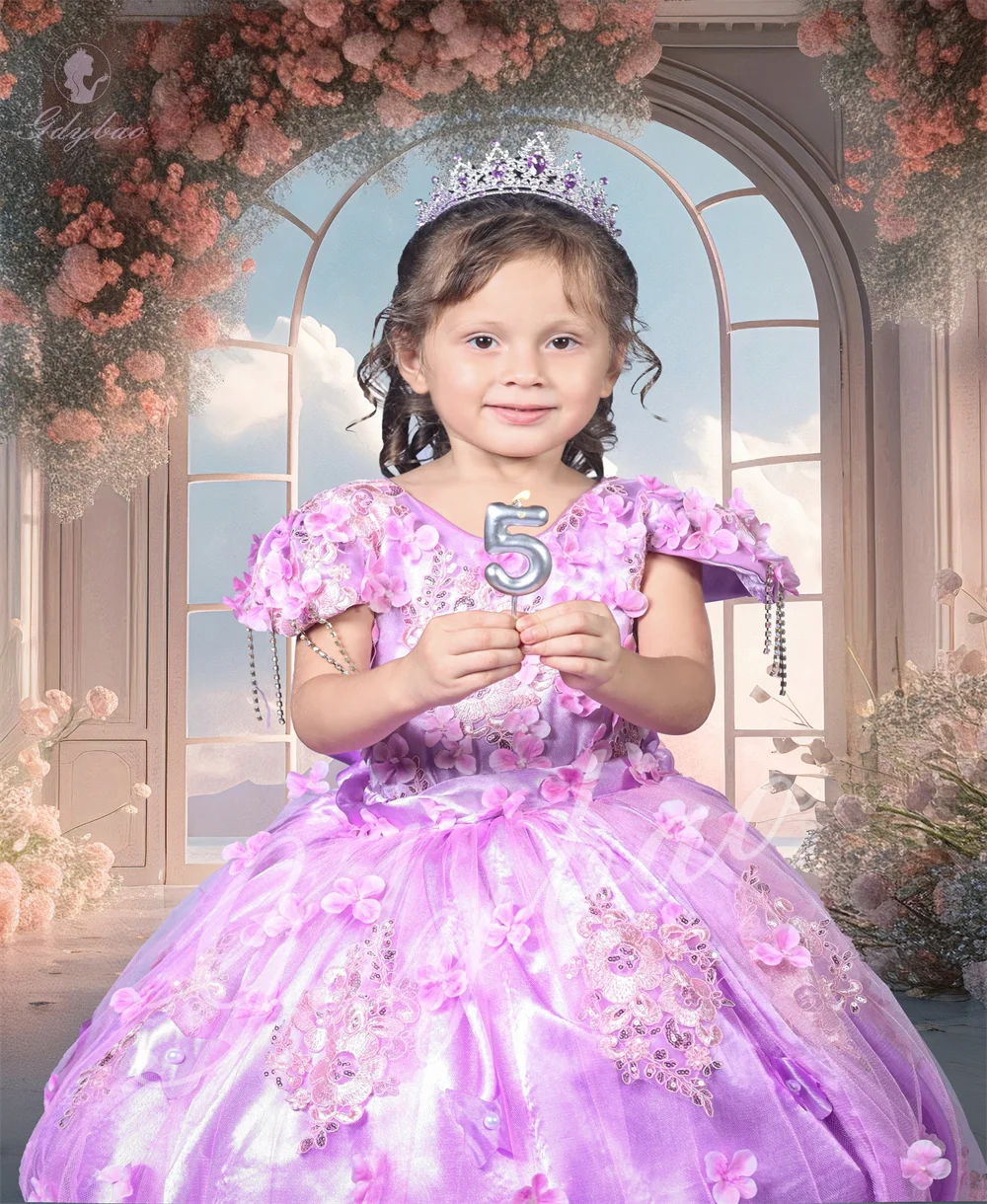 Cute Flower Girl Dress With Applique Pearl Decorations Bow Fluffy Design For Children's First Communion Birthday