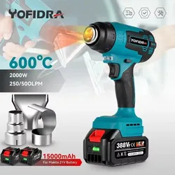 Pistola de calor eléctrica Yofidra de 2000W, pistola de aire caliente de mano inalámbrica con 3 boquillas, secador de pelo Industrial para el hogar para batería Makita de 18V