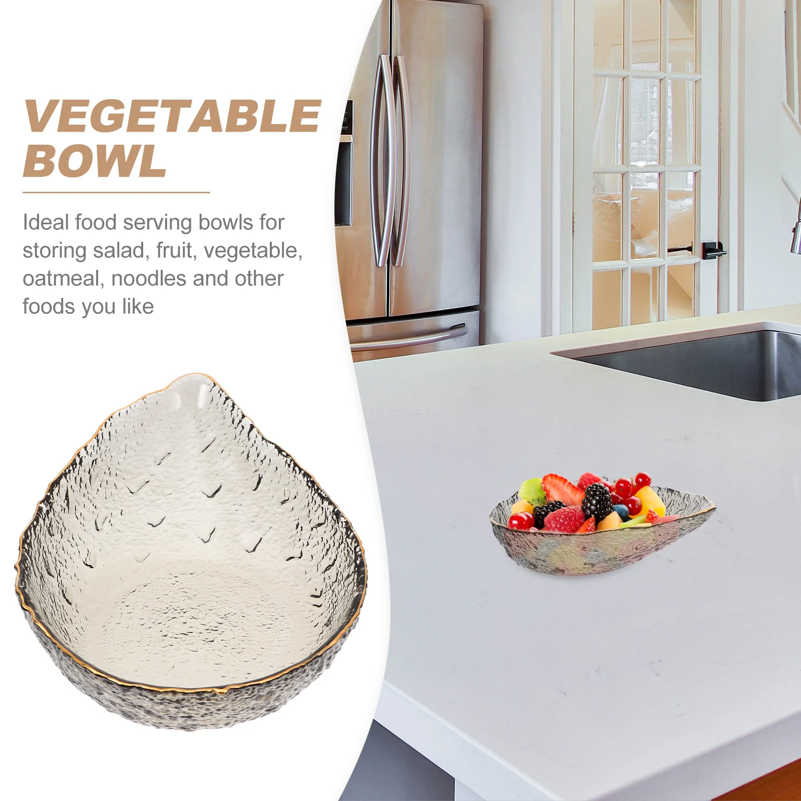 

1pc Smoke Gold Rimmed Glass Fruit Bowl Large Capacity Salad Mixing Bowl For Home Restaurant Hotel Food Storage Vegetable Noodle