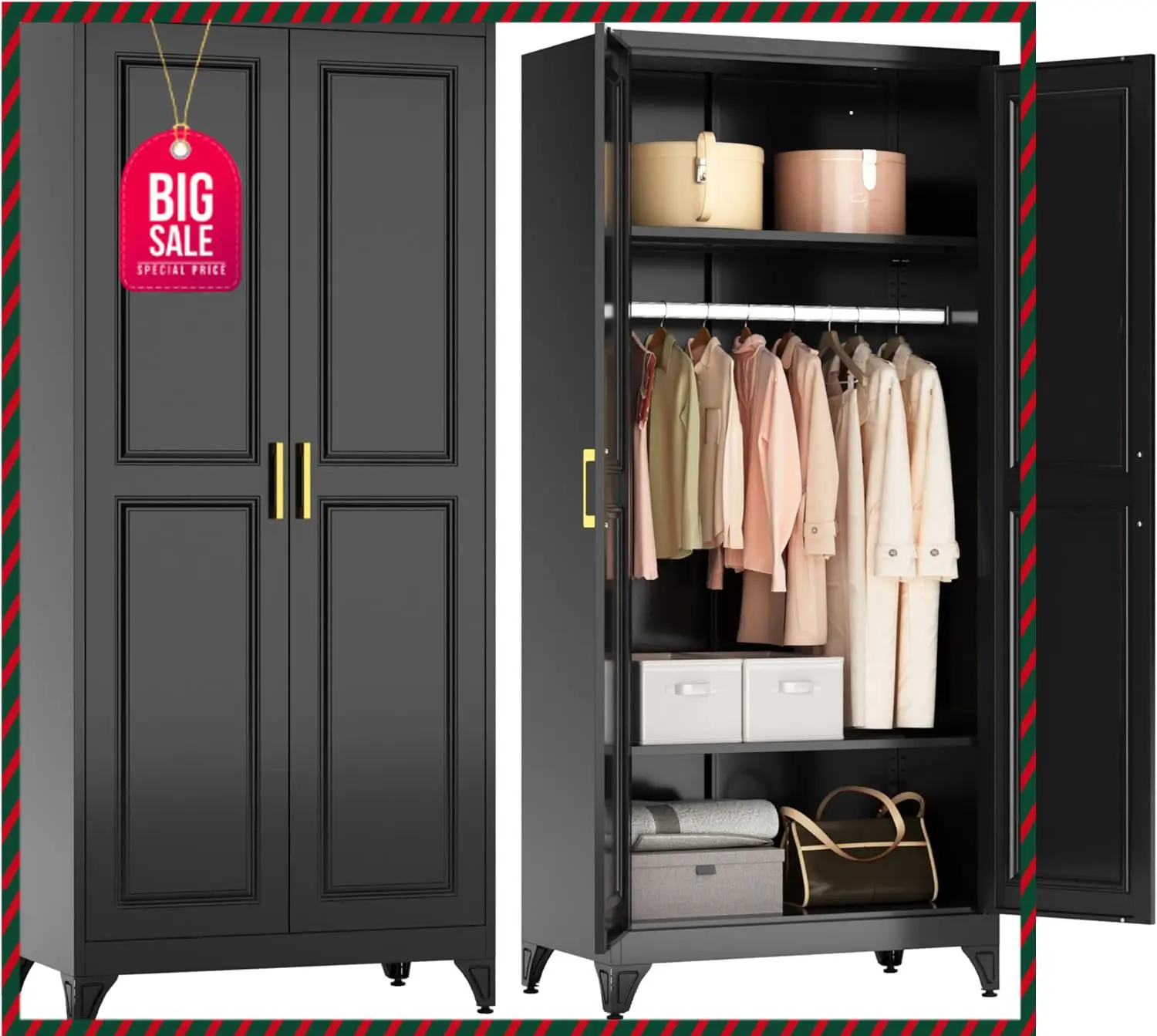 

Металлический шкаф-гардероб с вешалкой, высотой 71 дюйм, черный шкаф для хранения одежды с дверцами