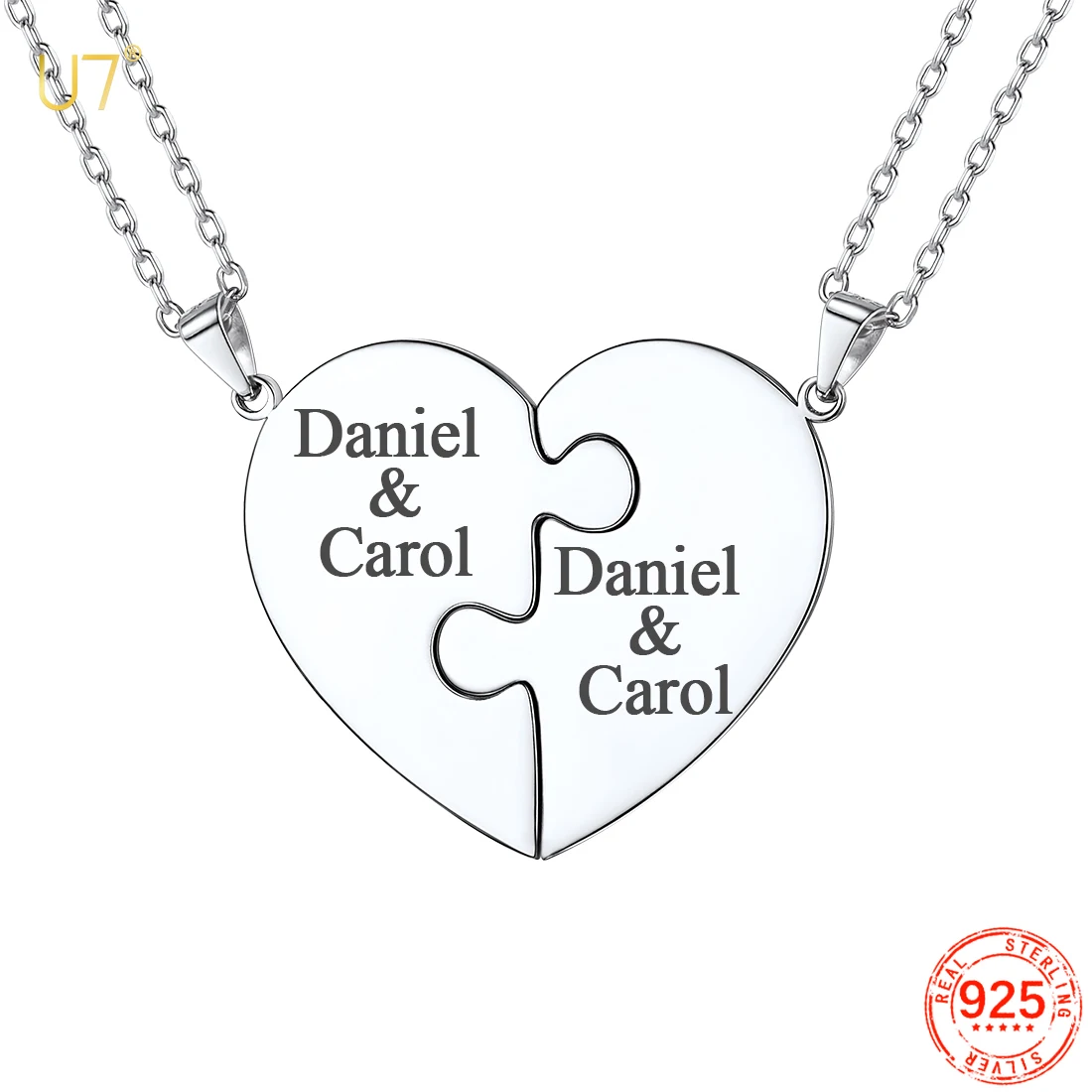 

U7 925 Silver Heart Puzzle Necklaces 2/3/4pcs Set for Women Man Engraved Pendant Custom BFF Lovers Couple Family Jewelry