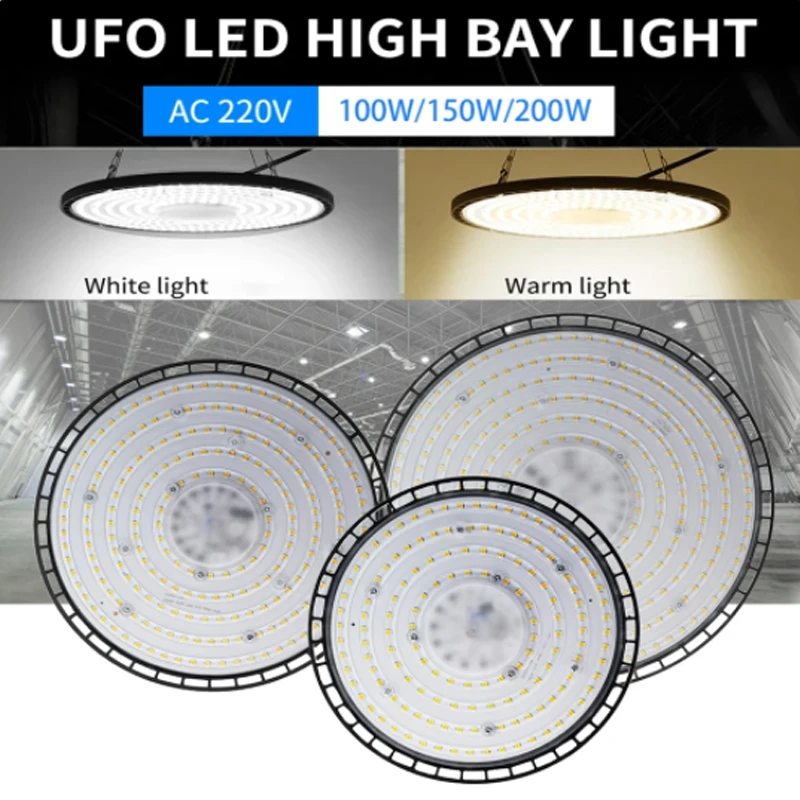 200W UFO LED High Bay Light Super Bright 100W 150W Waterproof Commercial Industrial Market Warehouse Garage Workshop Lamp AC220V