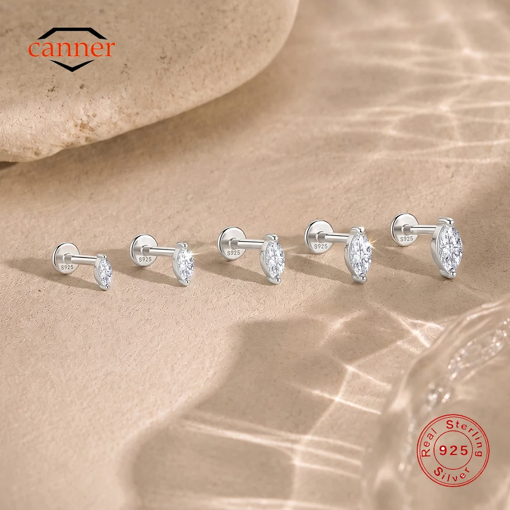 CANNER 1PC Horse Eye D Color Moissanite Flat Back Piercing Earring For Women 925 Sterling Silver Luxury Minimalism Earring Gift