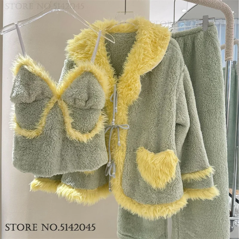 

Новый зимний фланелевой женский пижамный комплект из 3 предметов, домашняя одежда, утепленная теплая одежда для сна из кораллового флиса, пижамный костюм, свободная ночная рубашка, пижама