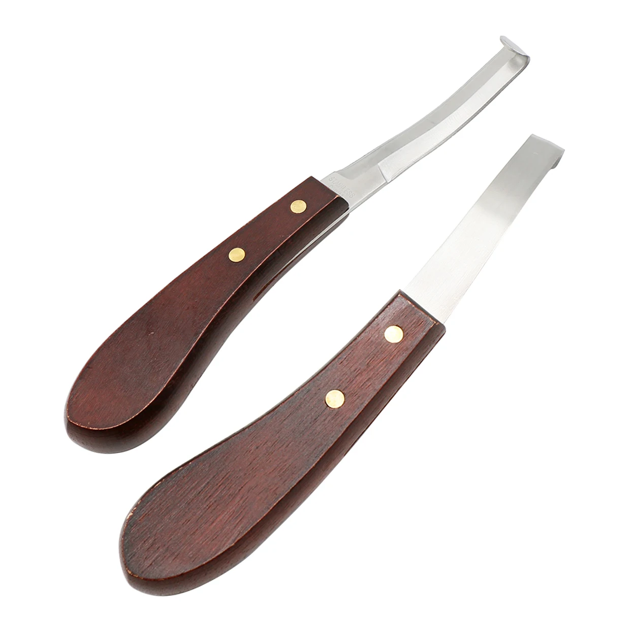 Cuchillo de pezuña de acero inoxidable de 8 pulgadas, cuchillas de doble filo, cuchillos de recorte de pezuña con mango de madera, herramienta de