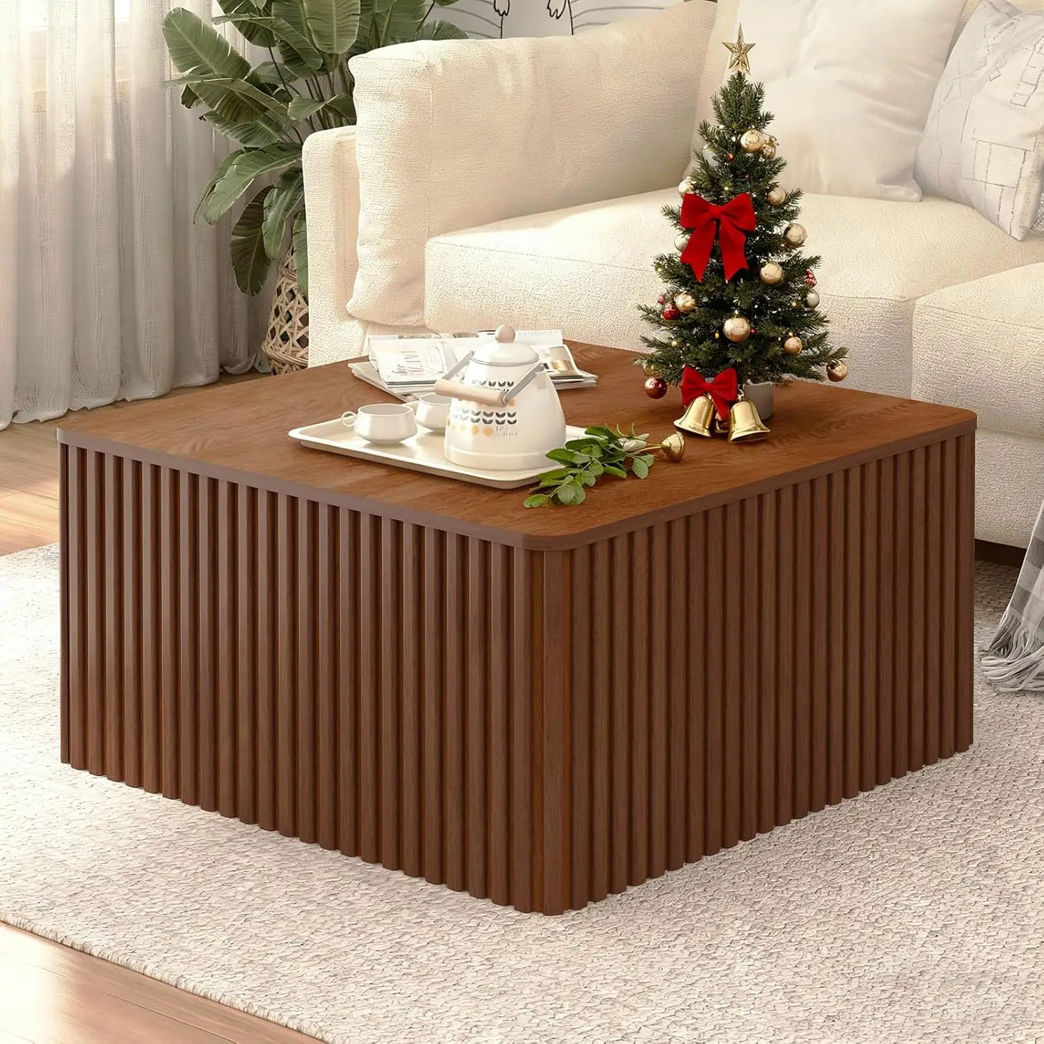

Fluted Square Coffee Table With Storage Large Wood Center Table With Solid Wood Veneer Top Mid Century Modern Low C