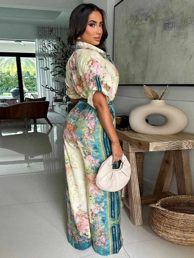 จั๊มพ์สูทสไตล์เสื้อผ้าสตรีทแวร์ลายดอกไม้พิมพ์ลาย ชุดฤดูร้อน เสื้อผ้าผู้หญิงแขนสั้น ชุดรอมเปอร์ ชุดเพลย์สูท ชุดจั๊มพ์สูทแบบชิ้นเดียว