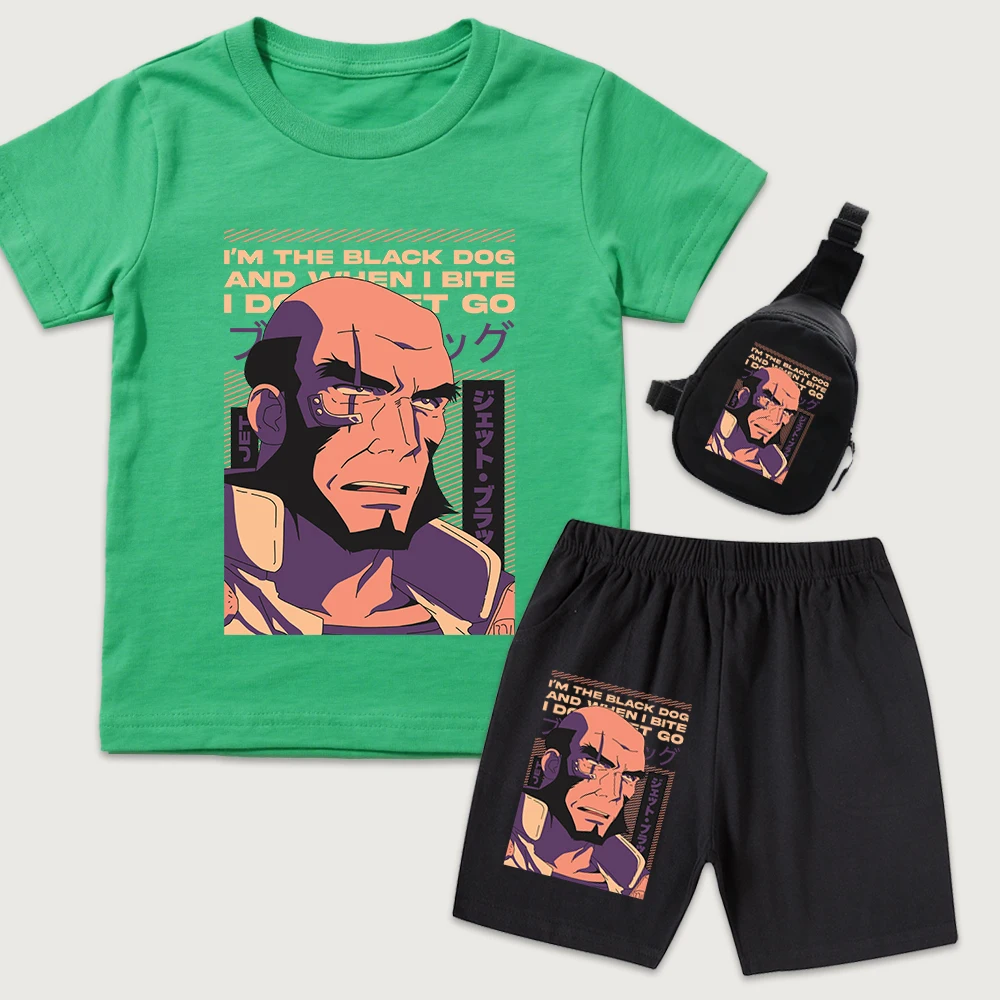 Cowboy Bebop Jet Anime Print Kids Cotton T Shirt Shorts Set Casual Summer Outfit with Mini Chest Bag 3 Pieces Set for Boys Girls