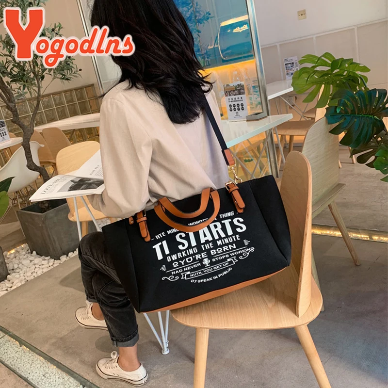 Yogodlns Fashion Canvas Handbag and Purse Female Large Capacity Shoulder Bag Letter Design Crossbody Bag Casual Totes Bag Bolsa