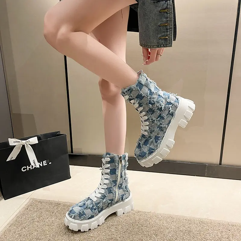 Woman Denim Boots Autumn Korean Fashion Platform Boots Classics Chessboard Pattern Laced Up Rubber Cowboy Shoes for GIRLS Cheap